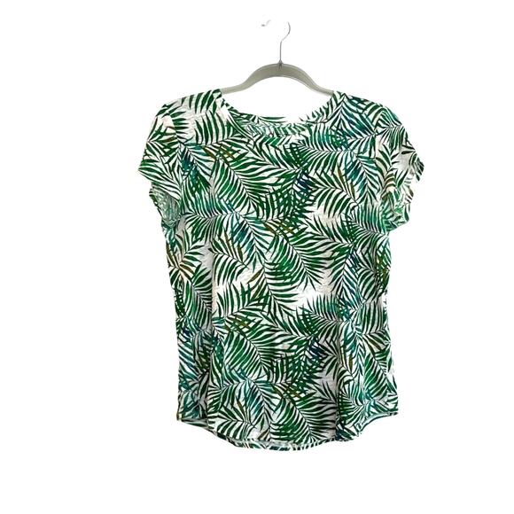 Loft 100% Linen Palm Leaf Print Short Sleeve Tee Size Small Green Tropical Beach - Picture 1 of 6
